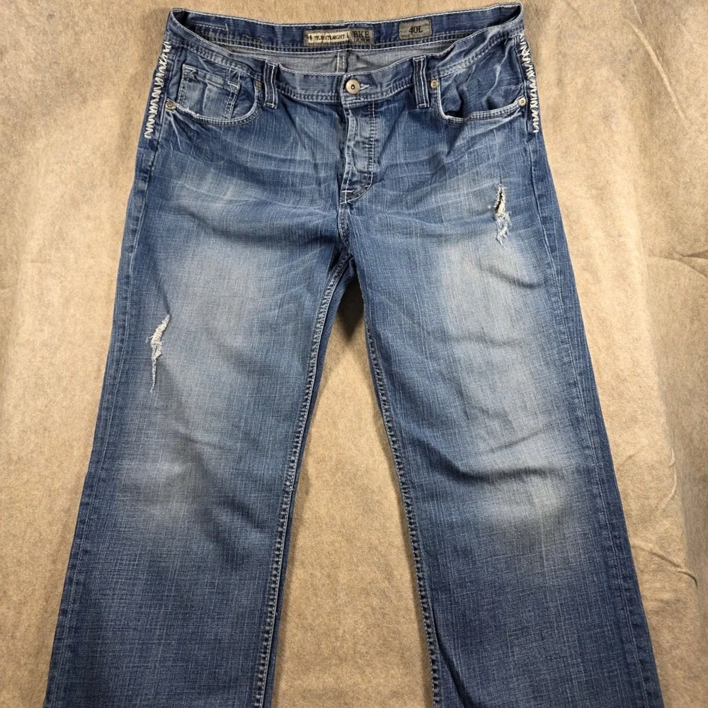 BKE Tyler Straight Jeans Mens 40L Medium Wash Distressed Embroidered Denim Pants